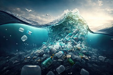 Plastic bottles and plastic parts float underwater in the ocean and pollute the sea - 3d illustration Generative AI