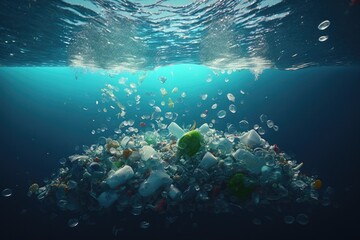 Obraz na płótnie Canvas Plastic bottles and plastic parts float underwater in the ocean and pollute the sea - 3d illustration Generative AI