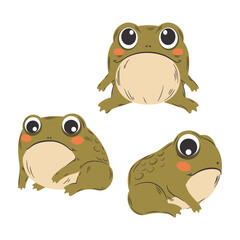 Zabawna żaba w trzech wersjach. Zielona ropucha. Kolorowy komiksowy zwierzak. Ilustracja wektorowa.