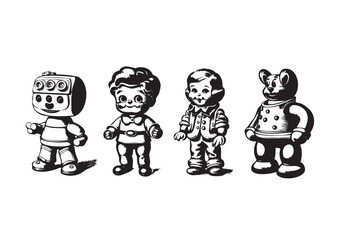 Set of Vintage Robots and Dolls, Vintage Robots, Vintage Dolls, Vintage Toys