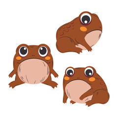 Zabawna żaba w trzech wersjach. Brązowa ropucha. Kolorowy komiksowy zwierzak. Ilustracja wektorowa.