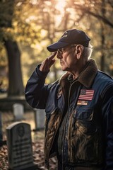 American Senior War Veteran saluting his fallen comrades graves at a cemetery.Generative AI - obrazy, fototapety, plakaty