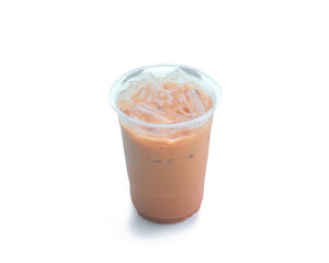 Orange Thai iced condensed milk tea in transparent plastic glass is isolated on white background with clipping path and shadow in png format