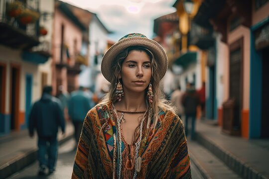 Colombian woman posing in a typical colombian city street. Generative AI	