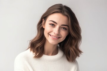 Fototapeta premium Beautiful smiling brunette woman wearing a white sweater on white background, looking at the camera. Generative AI