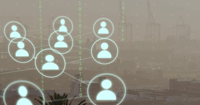 Animation of network of connections with icons and binary coding over cityscape