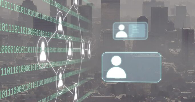 Animation of network of connections with icons and binary coding over cityscape