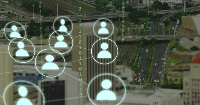Animation of network of connections with icons and binary coding over cityscape