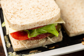 Whole wheat toast sandwich with salami and herbs in a sandwich maker close-up.