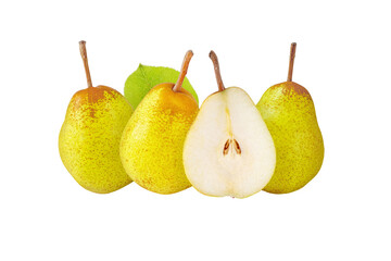 Pear Rocha composition isolated transparent png. Green and yellow whole fruits, half with seeds and leaf.