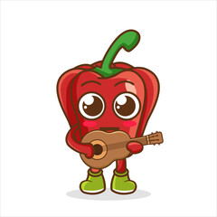 red bell pepper fruit character mascot playing guitar isolated cartoon in flat style design.