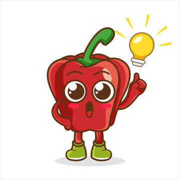 Have an Idea Happy red bell pepper Character Cartoon Mascot. Happy red bell pepper Pointing Finger Up at The Light Bulb