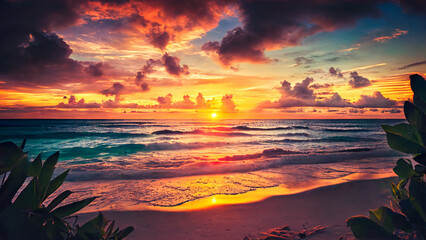 beautiful sunset on the sea,  wave, beach, cloud, sunlight