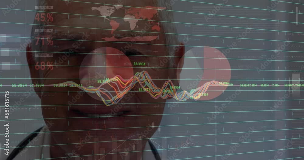 Sticker Animation of data processing over close up of caucasian senior male doctor smiling at hospital