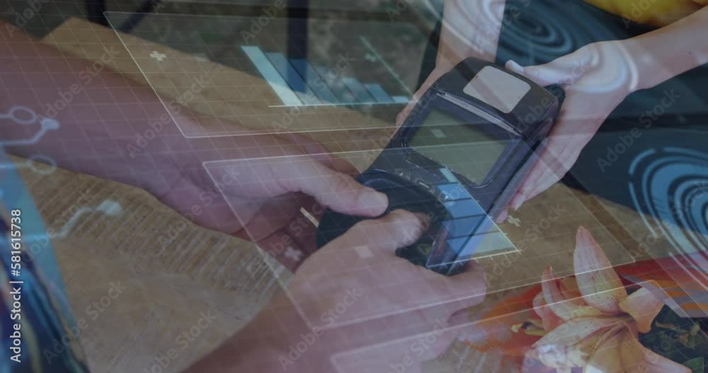 Poster animation of data processing over mid section of a man using card machine to make a payment