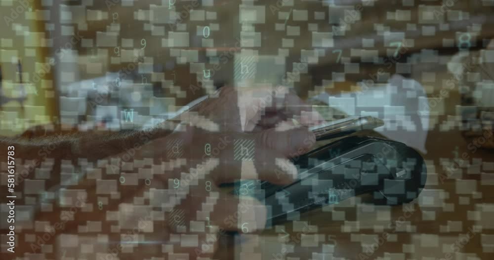 Poster animation of data processing over mid section of a man using smartphone to make a payment at a cafe