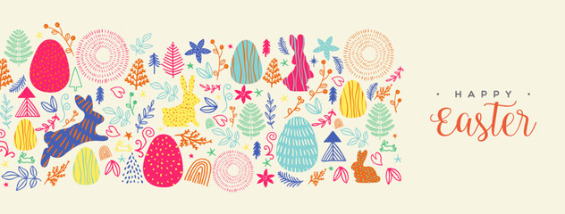 Happy easter colorful hand drawn doodle greeting card illustration in folk style.