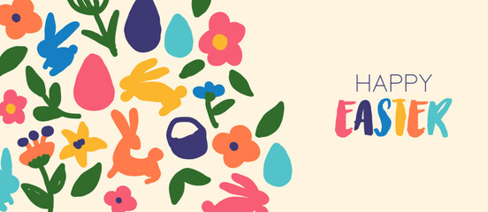 Happy easter colorful hand drawn doodle banner illustration in simple style.