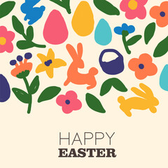 Happy Easter greeting card, simple flat shapes in colorful hand drawn doodle illustration