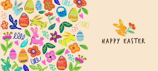 Happy easter colorful hand drawn doodle banner illustration