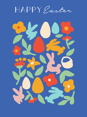 Happy easter colorful hand drawn doodle poster illustration in simple flat style on blue background.