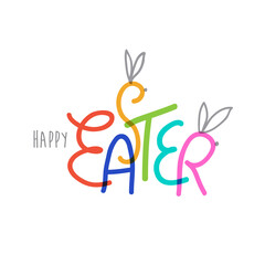 Happy easter in fun multicolored calligraphy with bunny ears