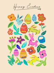 Happy easter colorful hand drawn doodle poster illustration in flat style