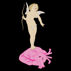 Cupid or Amur holding bow standing on human heart. Ancient Greek god of love Eros as a winged Putto angel child. Creative romantic design. On black background.