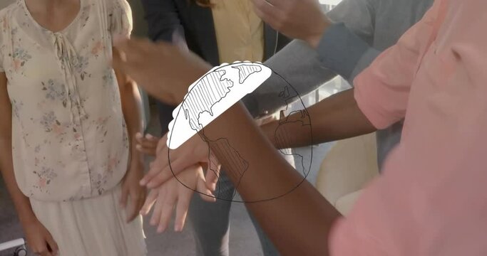 Animation of globe over mid section of diverse colleagues stacking their hands together at office