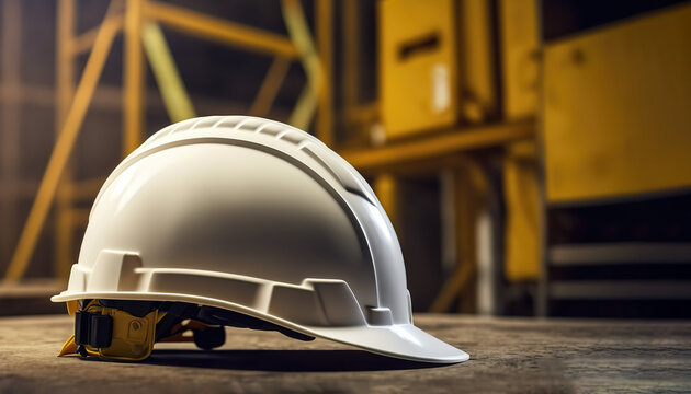 3D Illustration Digital Art. Close-up on one safety matte white plastic helmet on a metal table indoors with a clean cold modern industry background.	
