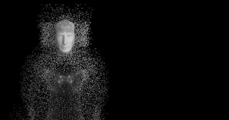 Animation of white particles forming a human body model against copy space on black background
