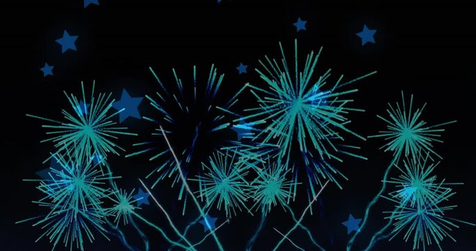 Animation of blue star icons floating over fireworks exploding against black background