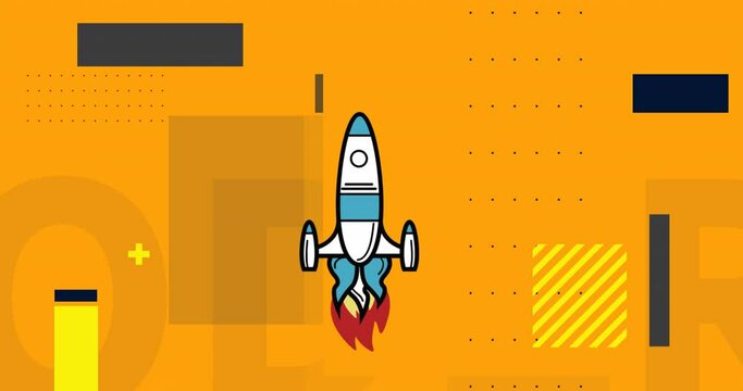 Animation of rocket icon over abstract shapes against yellow background