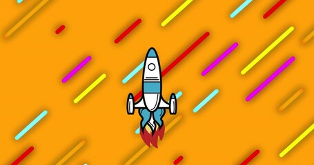 Animation of rocket icon over colorful light trails in seamless pattern on yellow background
