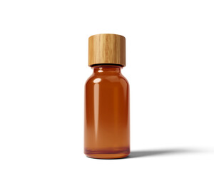 Blank brown amber essential oil bottle with wooden lid isolated on transparent background, prepared for mockup, 3D render.