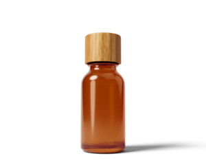 Blank brown amber essential oil bottle with wooden lid isolated on transparent background, prepared for mockup, 3D render.