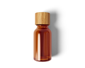 Blank brown amber essential oil bottle with wooden lid isolated on transparent background, prepared for mockup, 3D render.