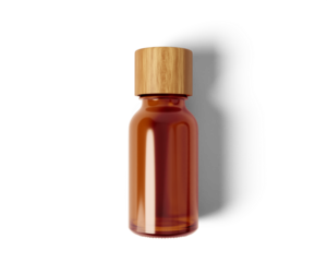 Blank brown amber essential oil bottle with wooden lid isolated on transparent background, prepared for mockup, 3D render.