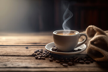 White Cup of hot coffee on a rustic wood table, aroma, steam, coffee beans - ai generative