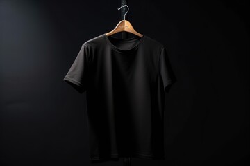Black t-shirt hanging in the room with Ai Generative technology - obrazy, fototapety, plakaty