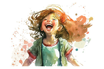 Happy Girl Illustration Vector, Digital Watercolor Painting Style Graphic Design.