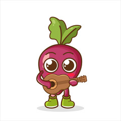 beetroot fruit character mascot playing guitar isolated cartoon in flat style design.