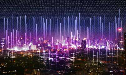 A city covered by binary code with cellular signal everywhere sending into the network. Wireless network and Connection technology concept - obrazy, fototapety, plakaty