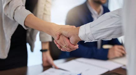 Foto op Plexiglas B2b, shaking hands and thank you handshake of a corporate worker in a office. Business deal, partnership and we are hiring gesture with a female hr manager ready for onboarding welcome with trust © Joanrae/peopleimages.com