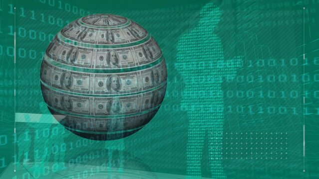 Animation of globe with dollar banknotes over data processing on green background