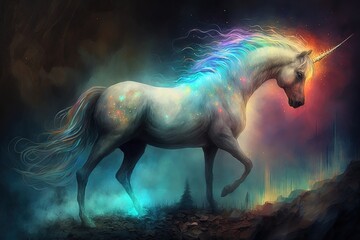 Obraz na płótnie Canvas A Mystical Journey with the Glowing Rainbow Unicorn Generative AI