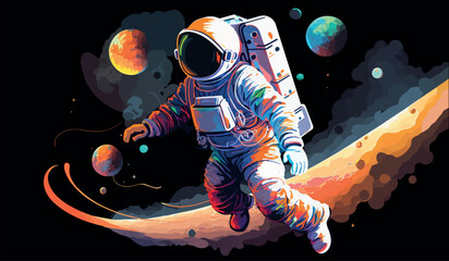 Astronaut explores space being desert planet. Astronaut space suit performing extra cosmic activity space against stars and planets background. Human space flight. Modern vector illustration