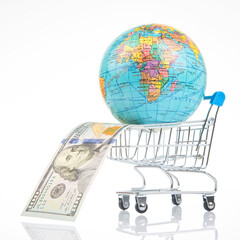 earth world globe in a grocery basket with dollars on a white background. the concept of the sale of land resources. worldwide sales business