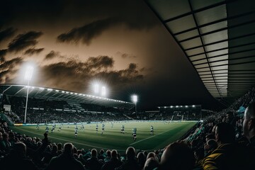 Exciting Nighttime Football Action with Floodlit Stadium and Packed Stands, generative AI