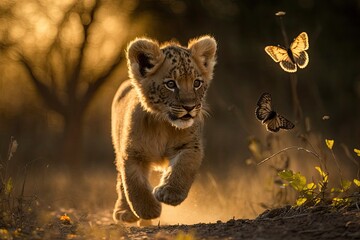 Furry Lion Cub Playing in Forest While Chasing a Butterfly, generative AI